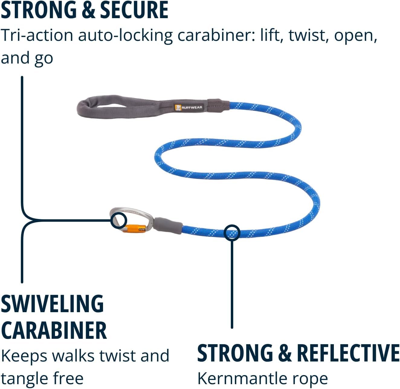 Ruffwear, Knot-A-Leash Dog Leash, Reflective Rope Lead With Carabiner, Blue Pool, Large