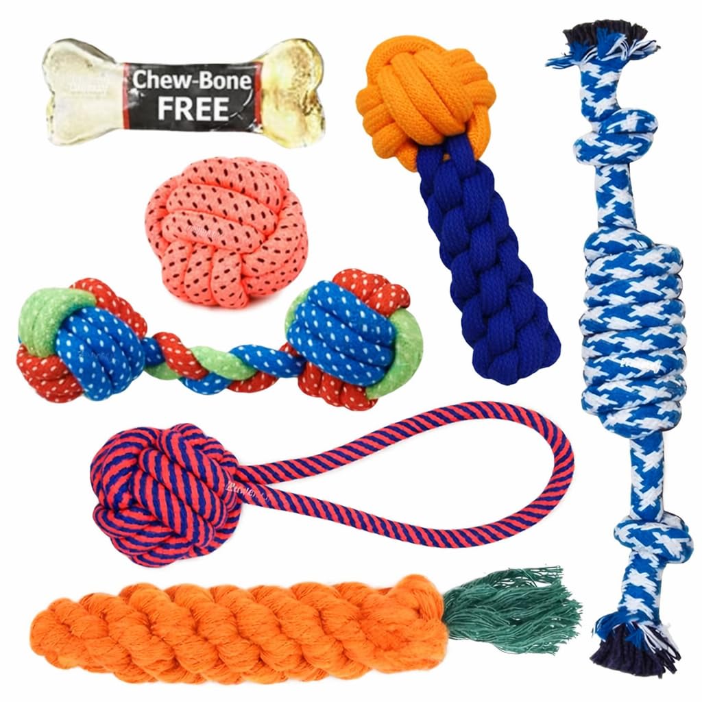 HASHWING Dog Toys 7 Pack  Rope Chew Toys for Puppies, Durable Tug Toys for Small & Medium Dogs Carrot|Ball|Dumbell|chewbone|han