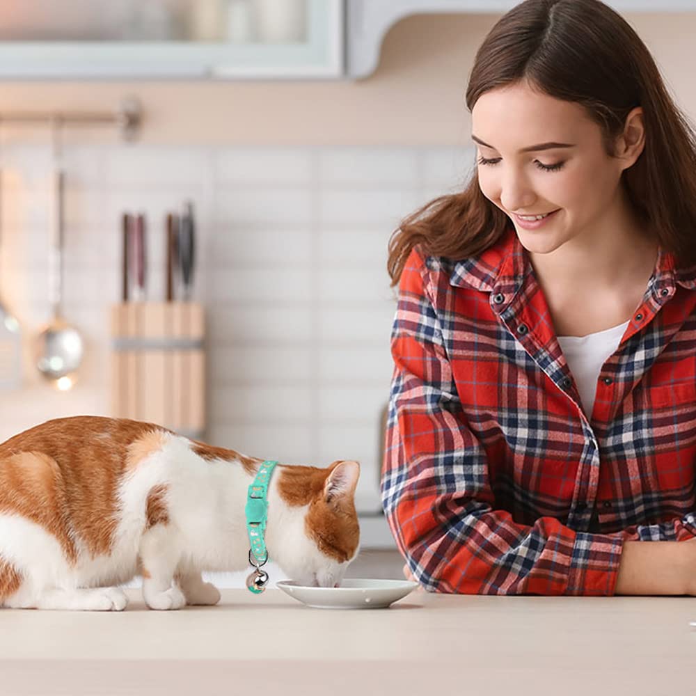2Pcs Breakaway Cat Collars With Bell Cute Kitty Glow In The Dark Adjustable Kitten Collars 7.9-13.0 Inch(Teal&Purple)
