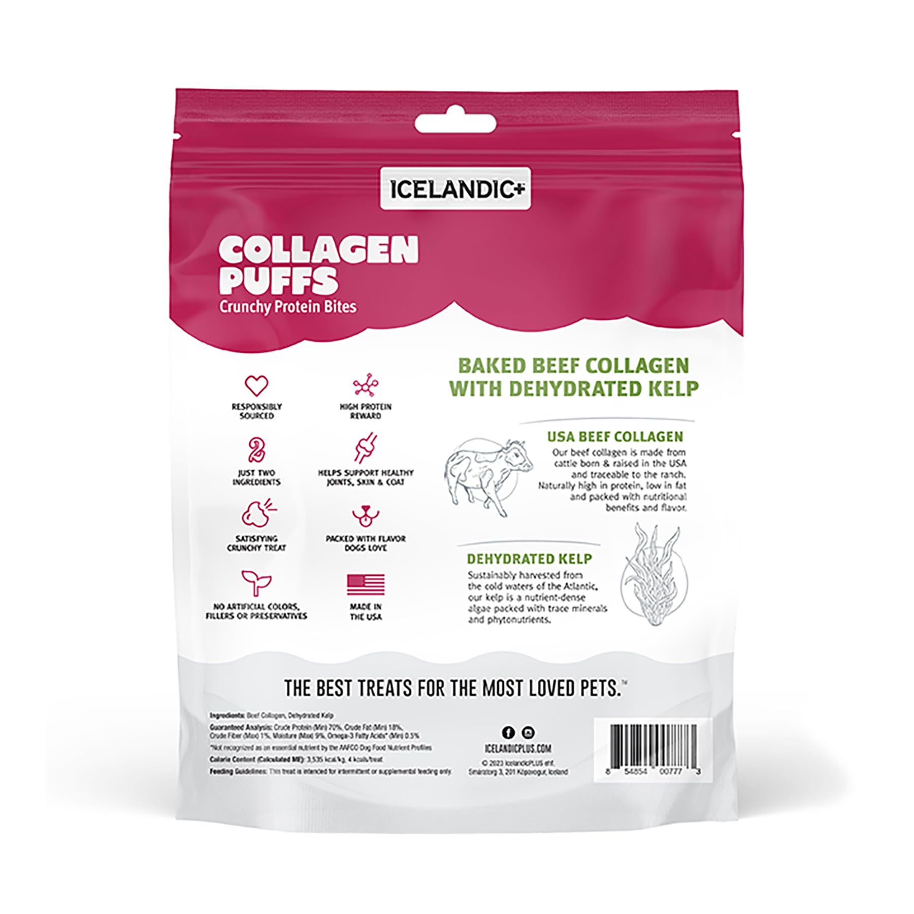 Icelandic+ Collagen Puffs: Baked Beef Collagen W/Dehydrated Kelp 2.5oz - Treats for Med-Lg Dogs, Crunchy Protein Bites
