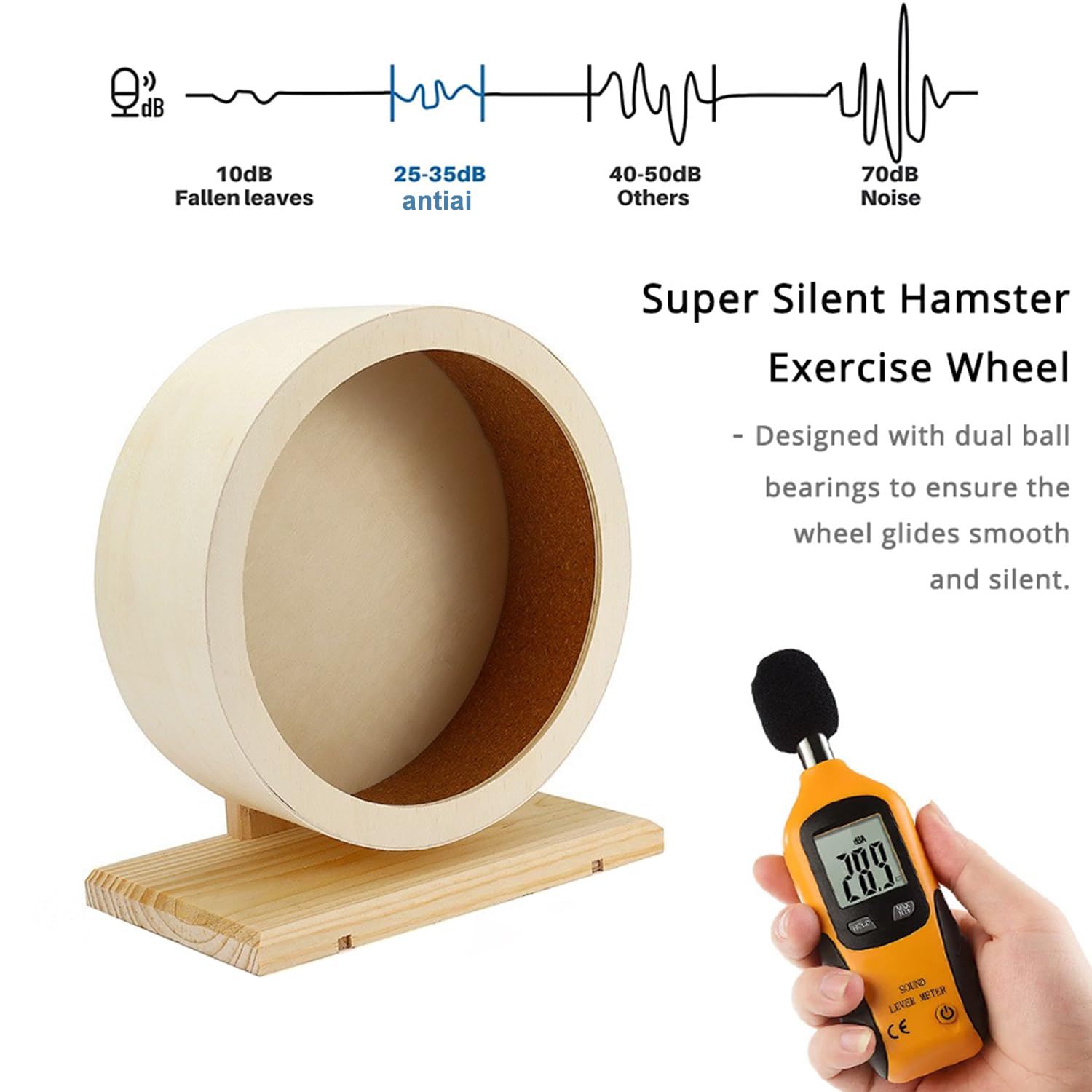 Antiai 9.8 Inch Wooden Hamster Exercise Wheel Set,Silent Wheel Quiet Spinner Hamster Running Wheels,Hamster Water Feeder Accesso