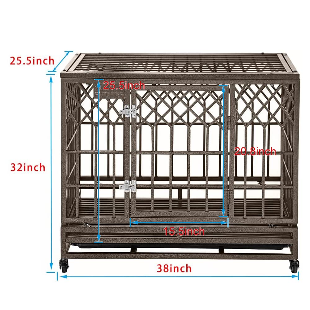 Smonter 38In Heavy Duty Strong Metal Dog Cage Pet Kennel Crate Playpen With Wheels, Y Shape, Brown