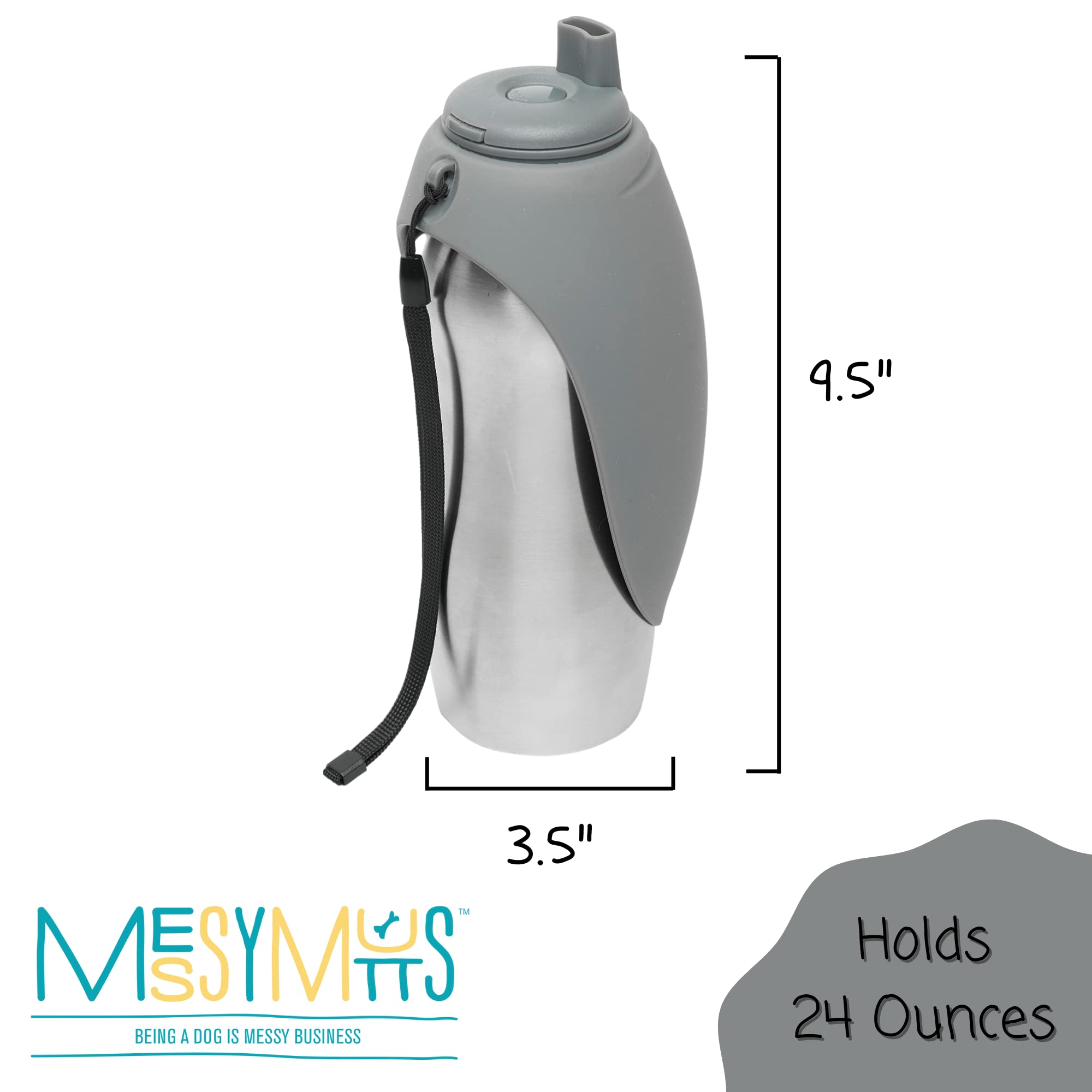 Messy Mutts Stainless Steel Travel Water Bottle With Silicone Flip Up Bowl | Pet Travel Necessity | Camping, Hiking, Walking Accessory | 24 Oz / 700Ml | Grey