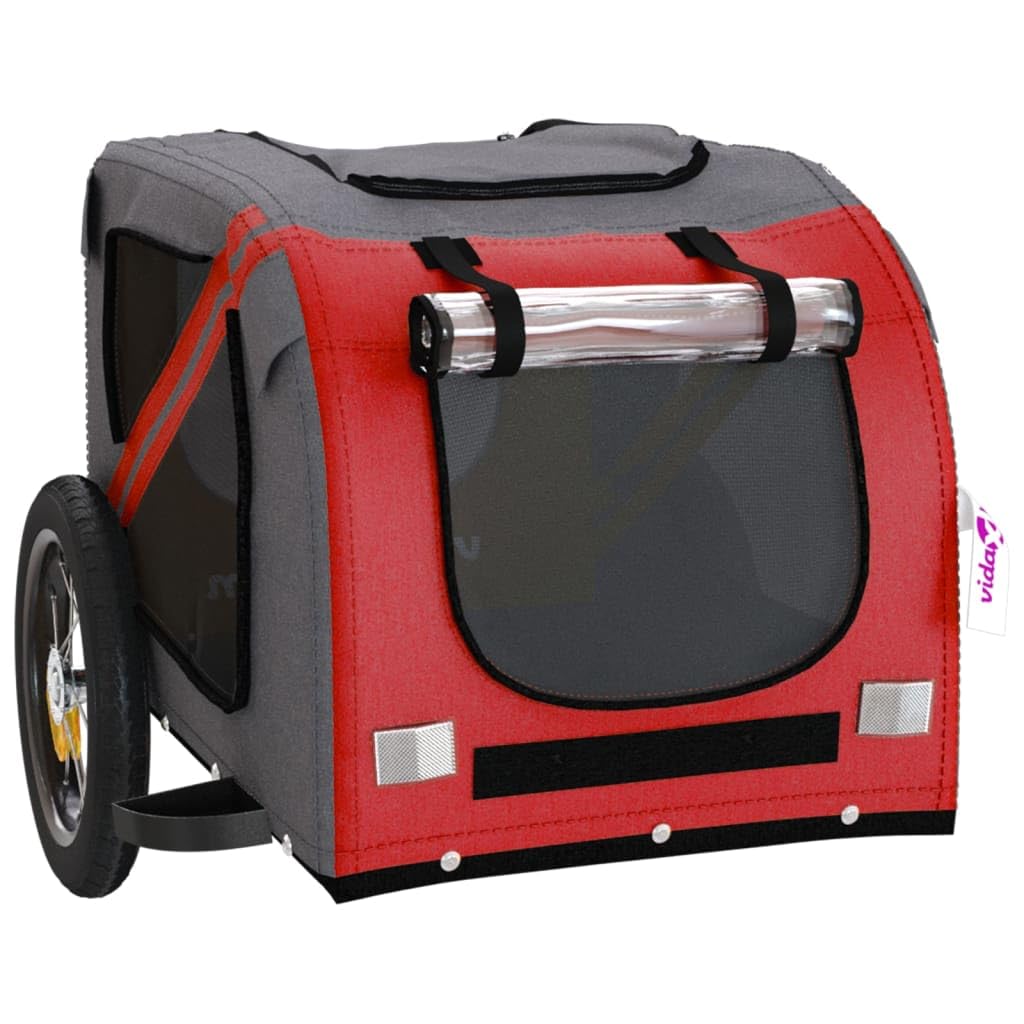 vidaXL Pet Bike Trailer for Small Dogs, Red/Grey - Oxford Fabric Cargo Carrier with Iron Frame, PVC Cover, Air Vents, Reflectors, & Safety Flag, 48.8x20.9x20.9 in