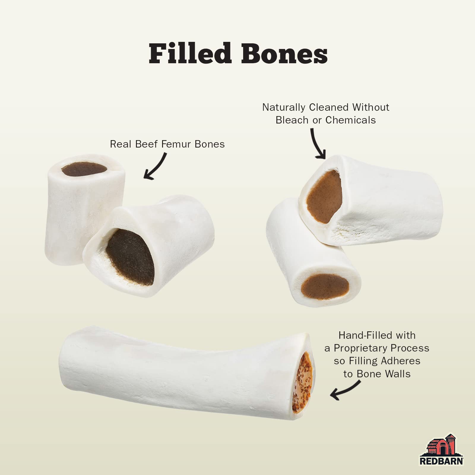 Redbarn Large Filled Dog Bones, Cheese & Bacon Flavor - Long Lasting Stuffed Femur Chew Treat Made in USA - 4 Count - Packaging