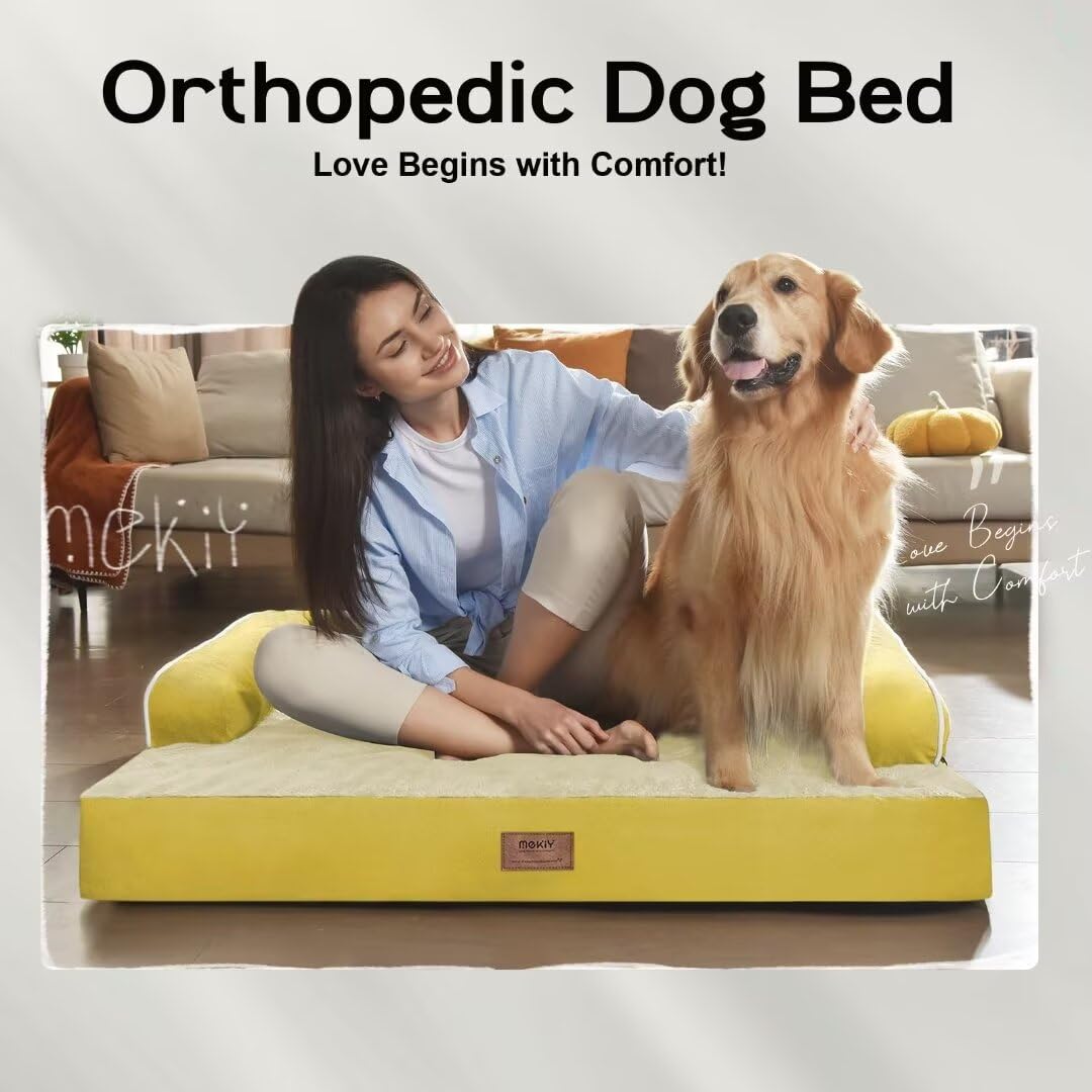 Large Dog Bed Orthopedic Washable | Beds Bolster Pet - Xxl Large Big Dogs - Memory Foam - Couch Sofa - Waterproof With Removable Cover - Ginger Yellow Dog Bed