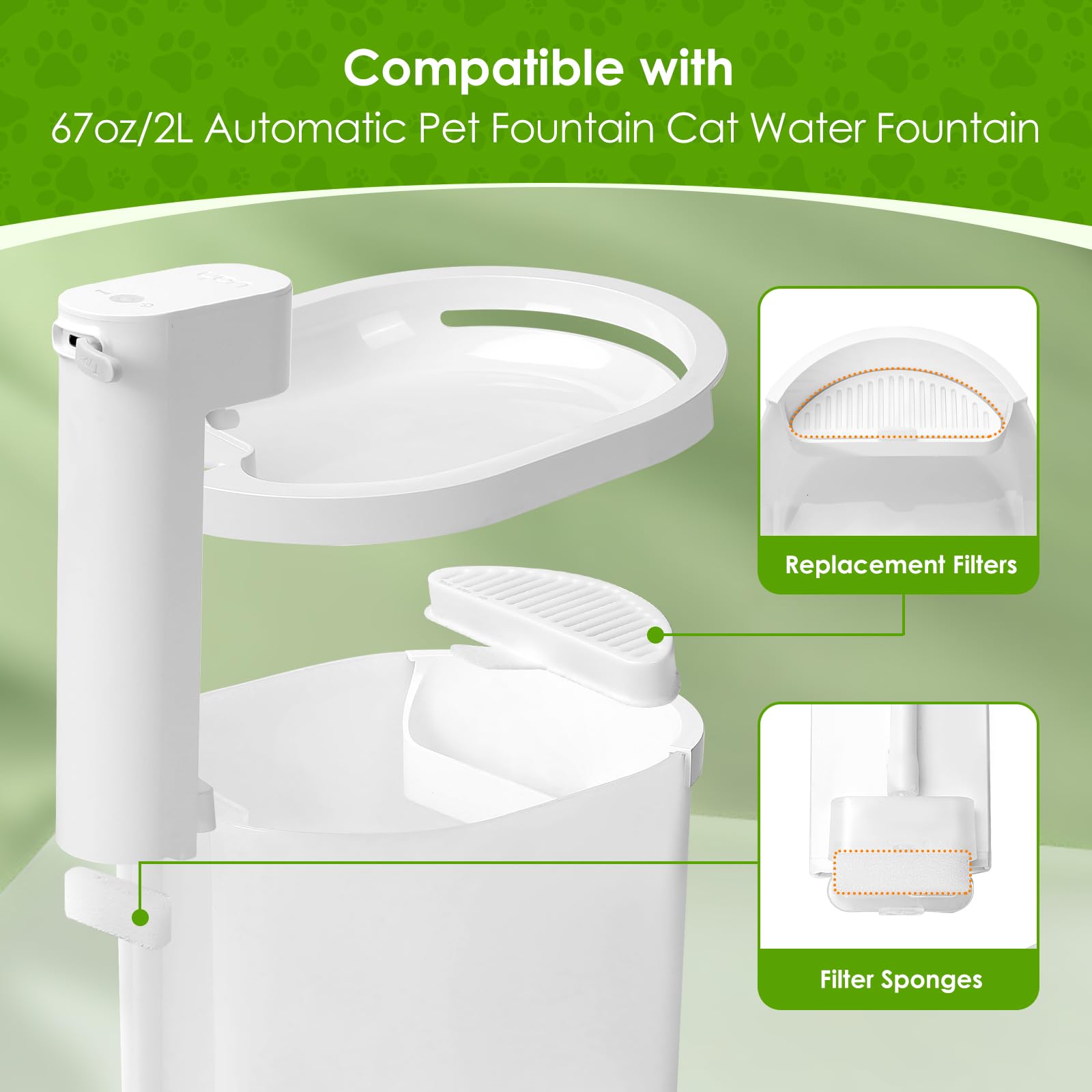 Cat Fountain Filters for Wireless Operated 67oz/2L, 6 Pack Replacement Filters & 12 Pack Replacement Filter Sponges for 67oz/2L