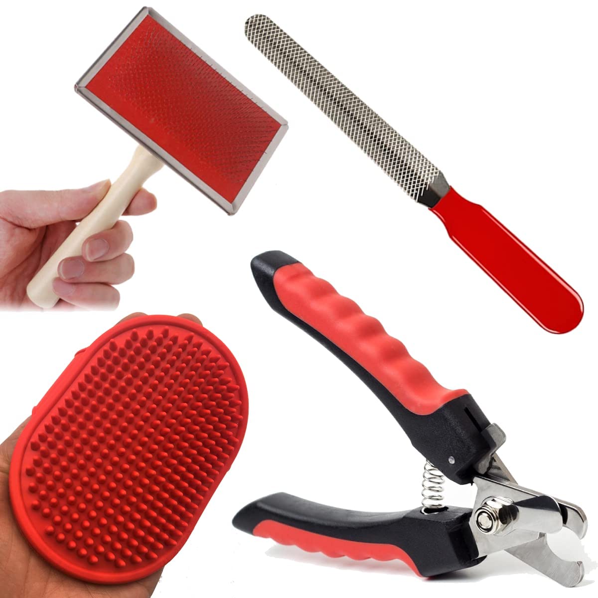 KsPups Pet Grooming Nail Clippers and Trimmer, Bath Brush Grooming Comb with Adjustable Ring and Wood Handle Slicker Brush Ideal