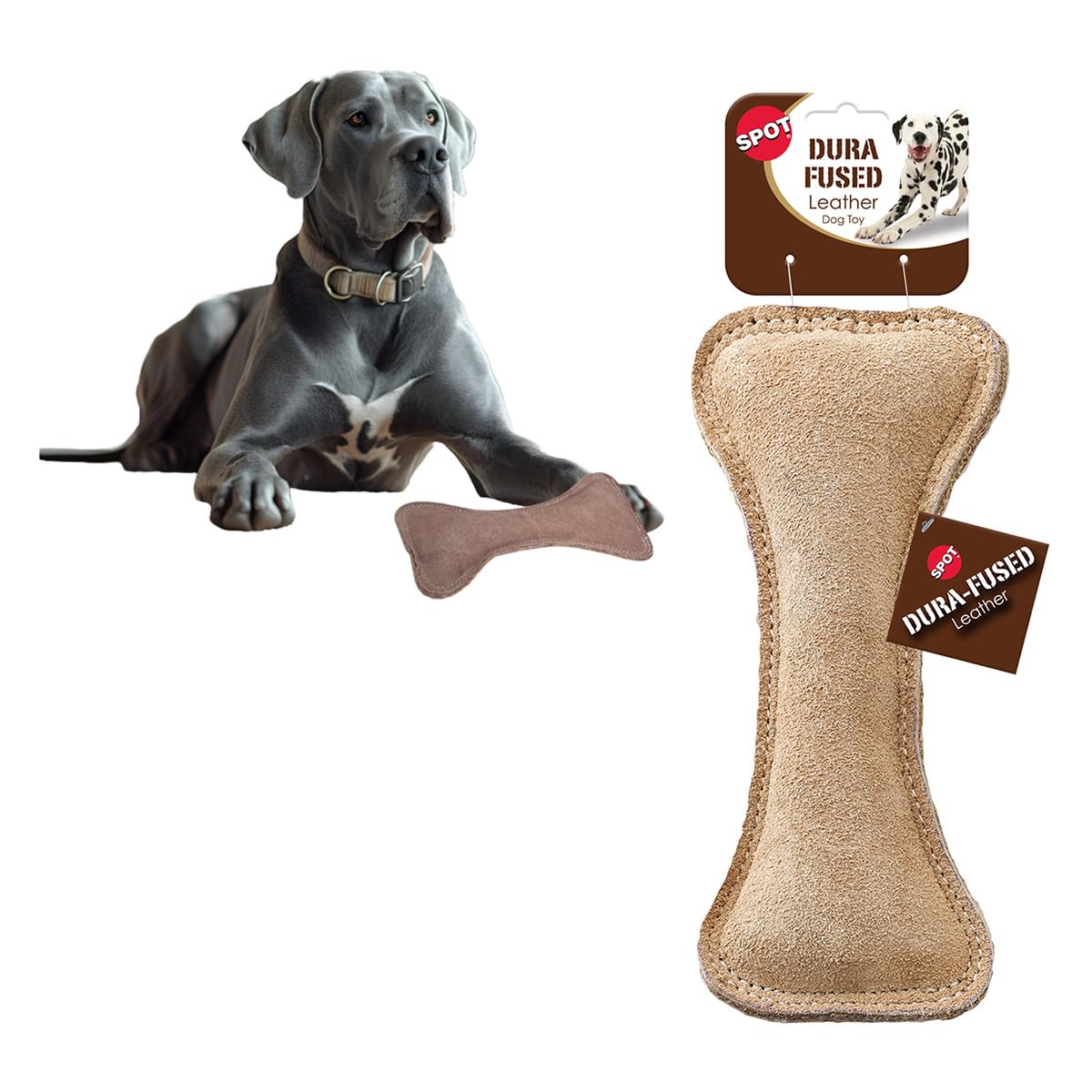 Spot Dura-Fused Leather Bone- Durable Dog Toy With Squeaker, Real Leather & Jute Fabric, Interactive Toy For Moderate & Aggressive Chewers, Medium & Large Dogs And Puppies, 9 Inch