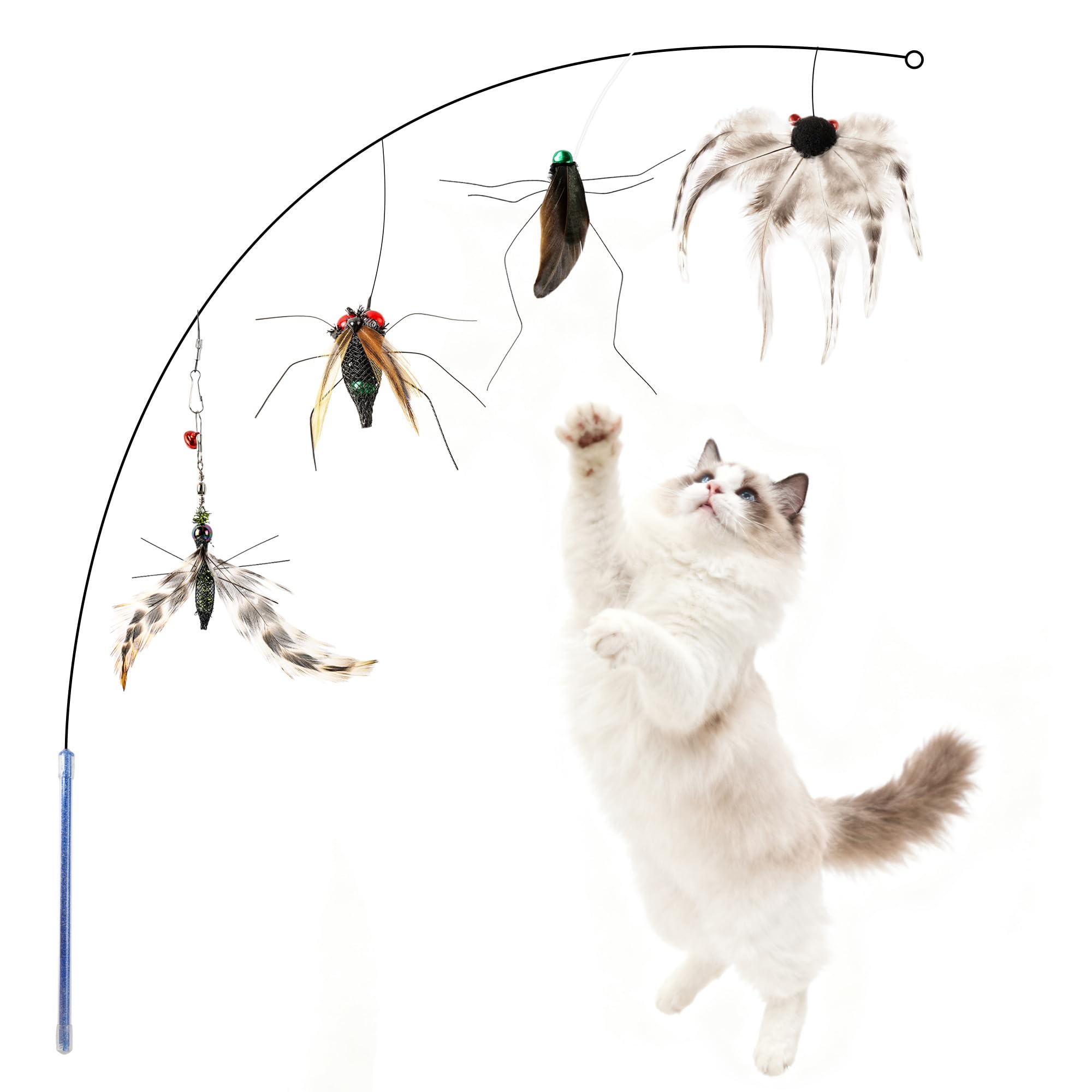 ottmat Interactive Cat Toy Bug Toys for Cats 4 Realistic Flying Bugs Cat Wand (4pcs Realistic Bug Refills + 1pc Cat Wand)