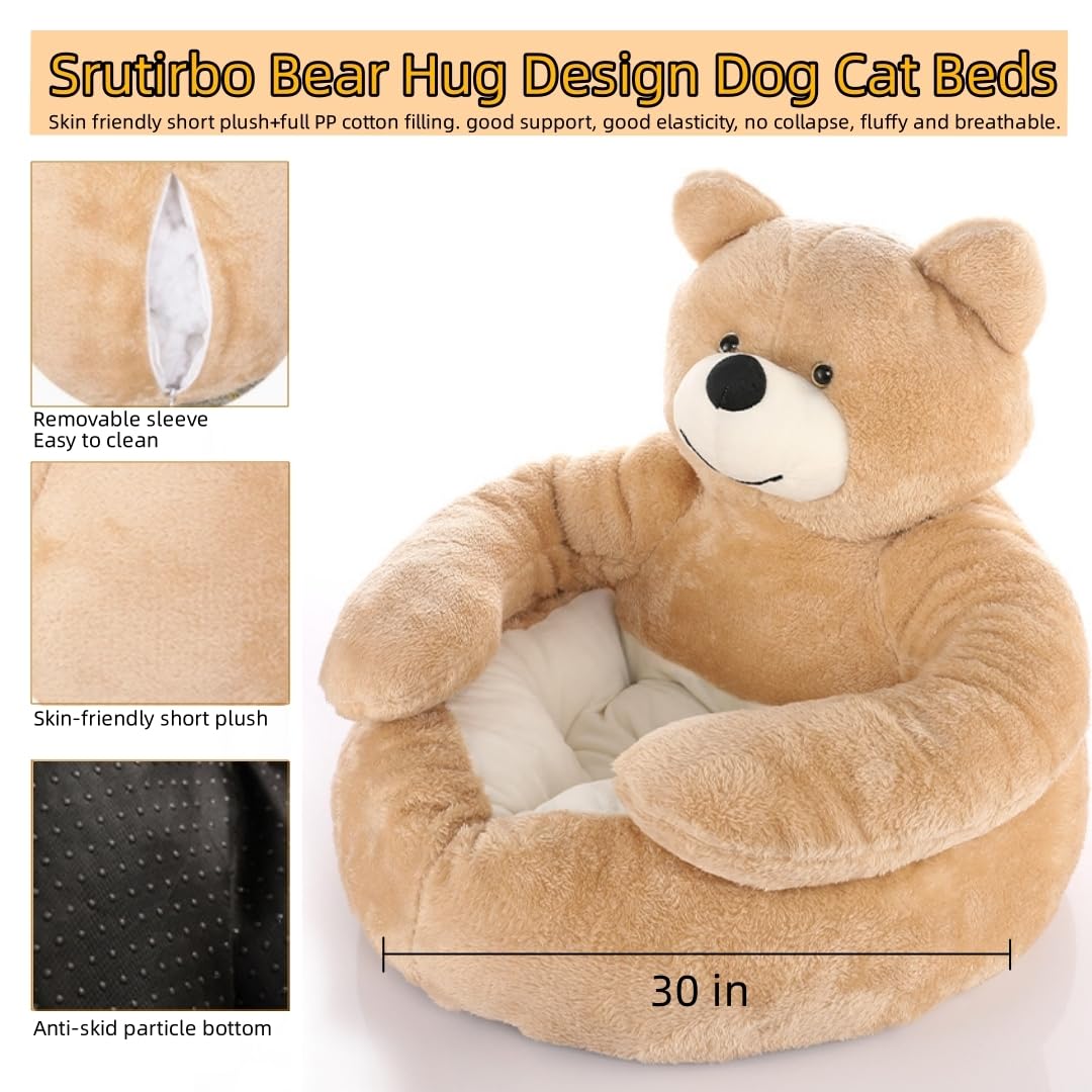 Cute Bear Hug Design Dog Cat Beds Plush Pet Beds Cuddler, Warm Soft Calming Dog Beds With Removable Washable Cover Non-Slip Bottom (Diameter 30 In, Khaki)