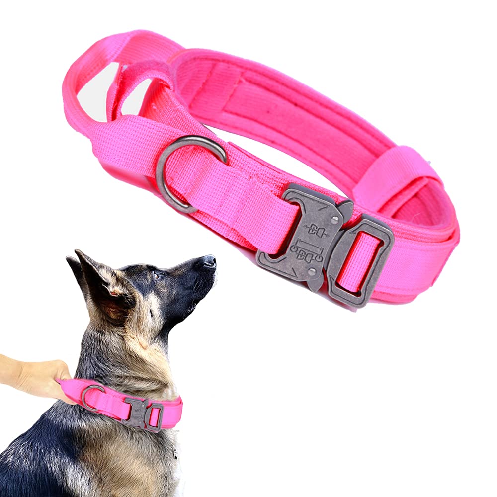 Tactical Dog Collar Military Dog Collar Adjustable Nylon Dog Collar Heavy Duty Metal Buckle With Handle For Dog Training (Pink,M)