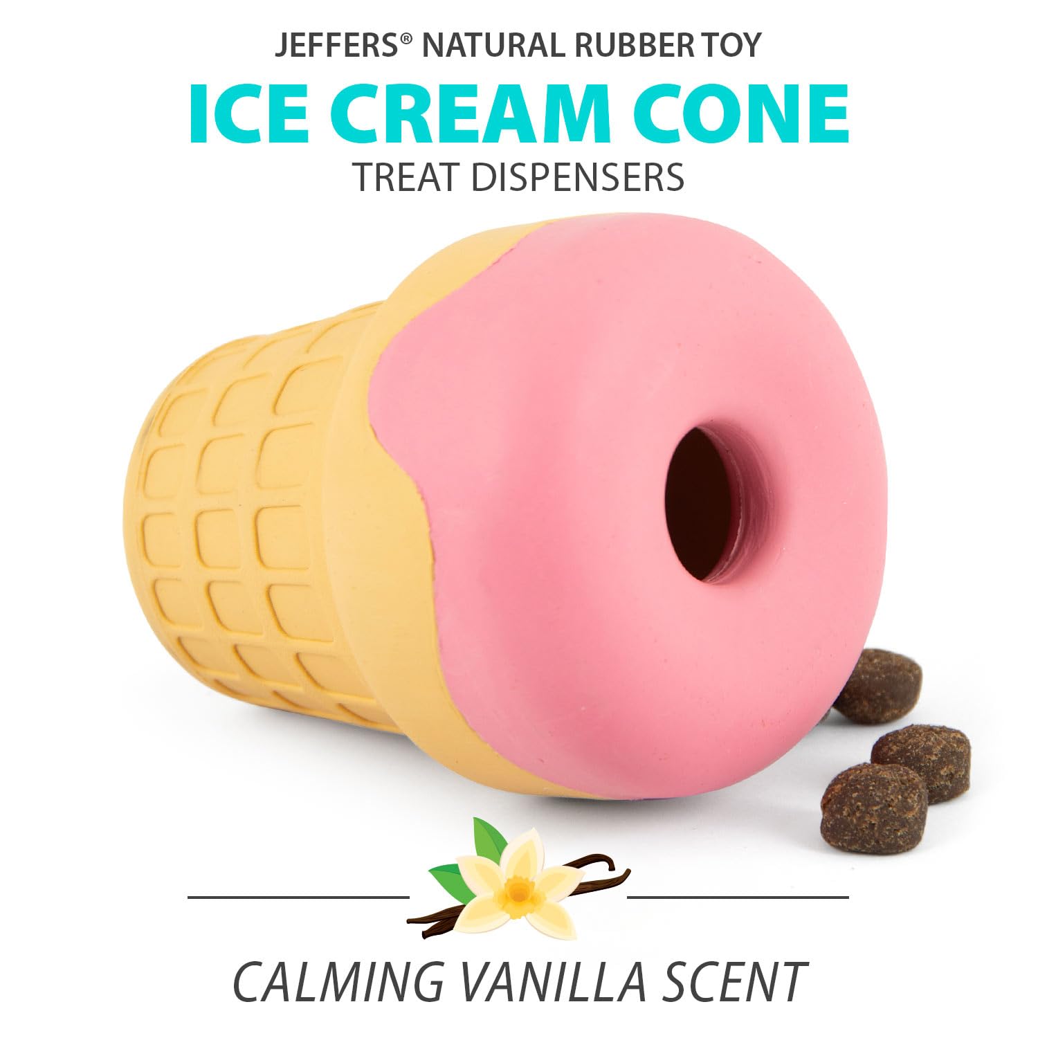 Jeffers Pet Natural Rubber Dog Chew Toy - Ice Cream Cone, Small - Treat Dispensing, Vanilla Scent, Durable, Non-Toxic, Dishwashe