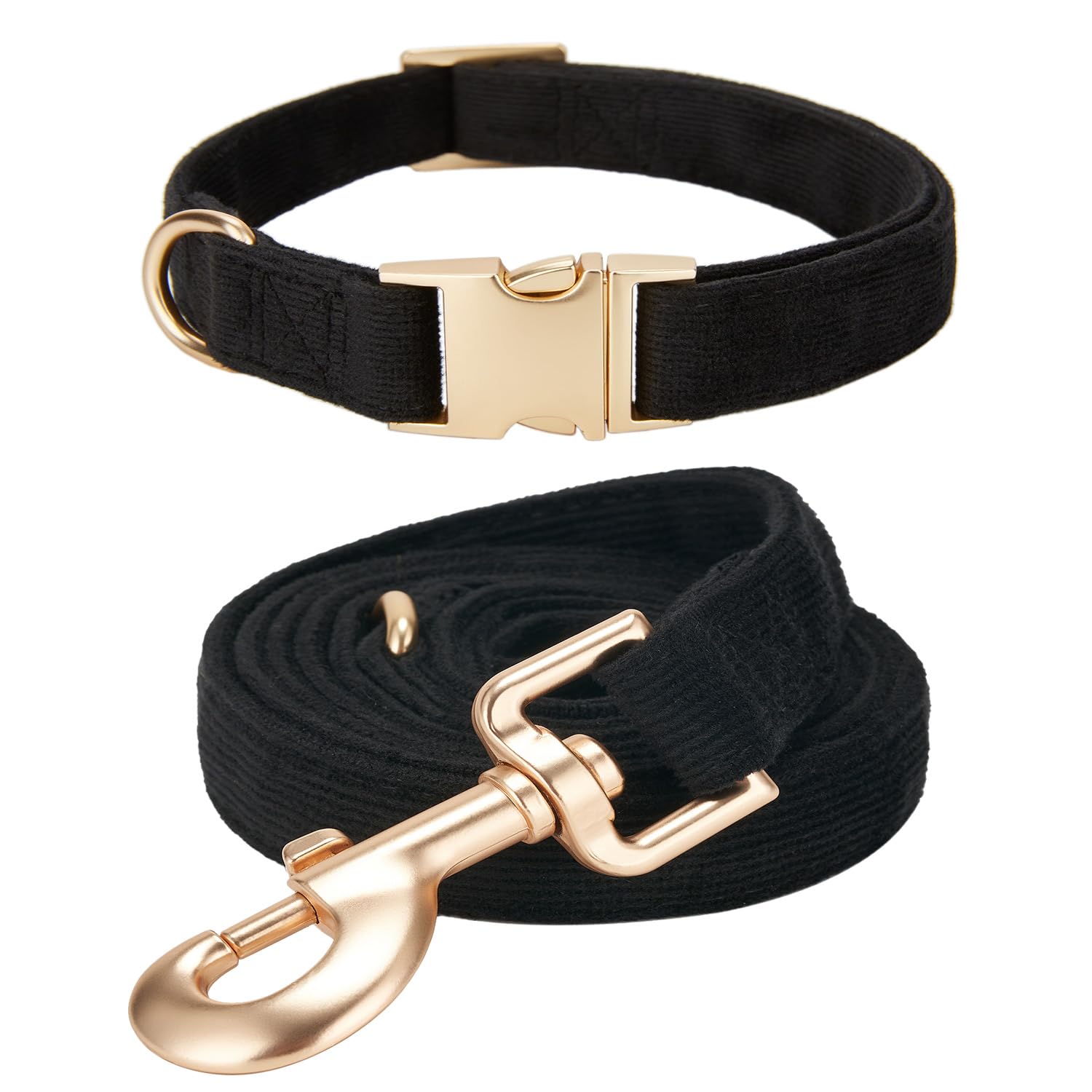 Ewinoom Soft Corduroy Dog Collar and Leash Set, Adjustable Cotton Dog Collars with Metal Buckle and Lead for Large Dogs,Black