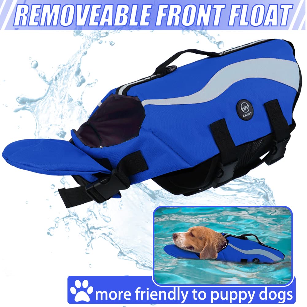 Emust Dog Life Vests, Adjustable Dog Life Jackets For Boat With Front Float, High Visibility Safety Swimsuit, Royal Blue, Medium