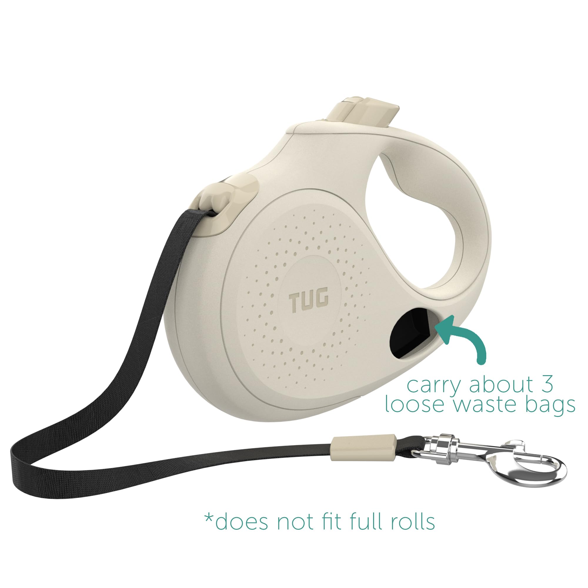 TUG Oval 360° Tangle-Free Retractable Dog Leash with Waste Bag Dispenser, Large, Cream, Model T008-LCRM