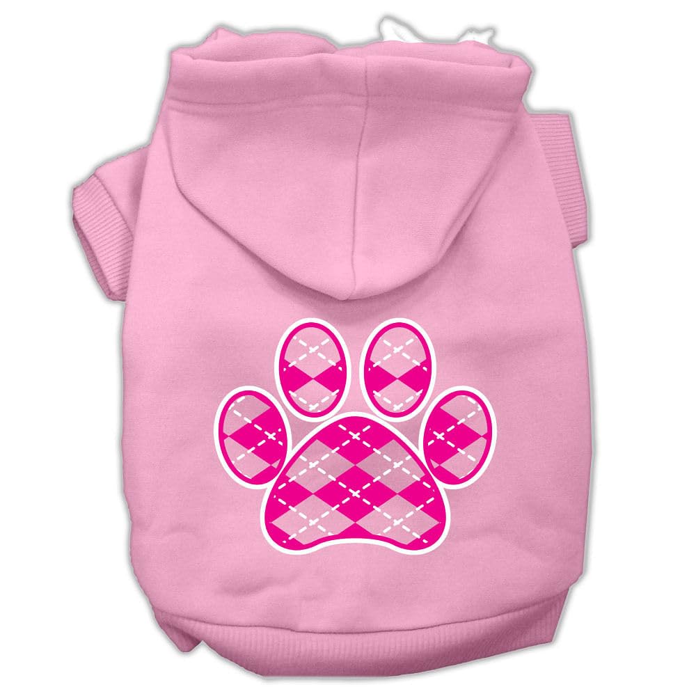 Pet Dog & Cat Hoodie Screen Printed, 'Pink Argyle Paw' Light Pink 3Xl (25-35 Lbs.)