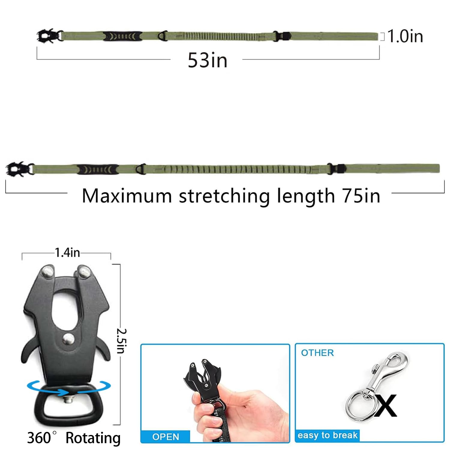 aiRuidog Heavy Duty Tactical Bungee Dog Leash, 4-6FT Shock Absorbing Tactical Dog Leash with 2 Padded Handles, Metal Carabiner C