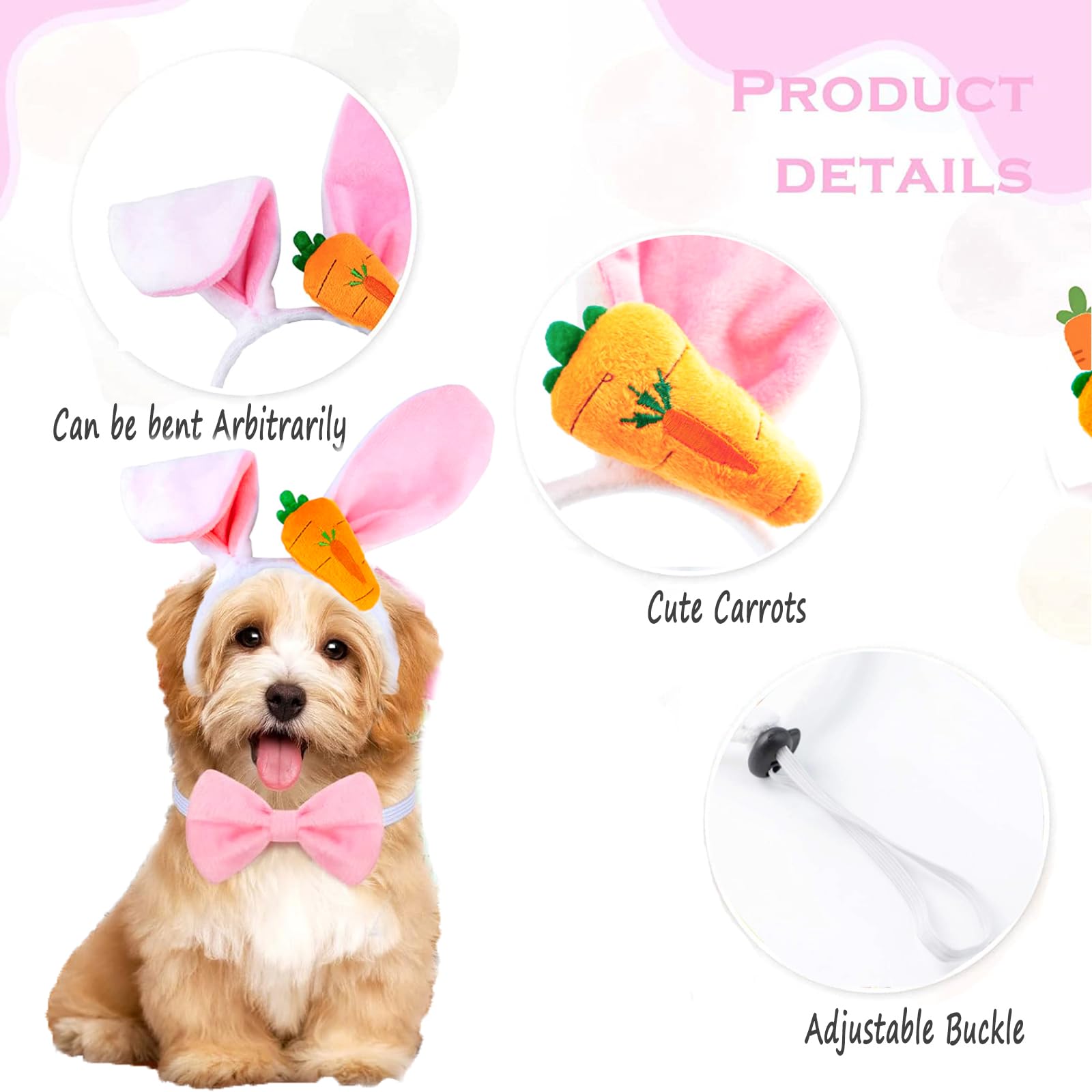 4 Pcs Easter Dog Costumes Cute Bunny Ears Headband Reversible Eggs Puppy Bandana Bowtie Pink Easter Outfits For Small Medium Lar