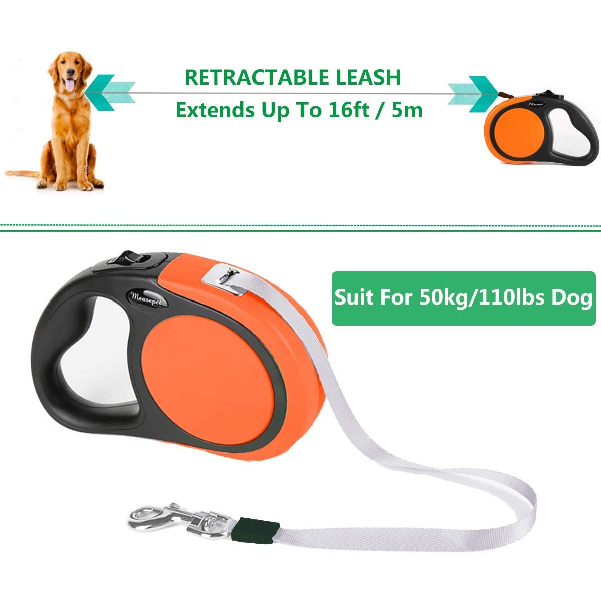 YaLunpc Dual Retractable Dog Leash for Small Breeds, 16 ft, 110 lbs, Nylon, Orange, Model DogLeash-DL701, Includes Poop Bags, T