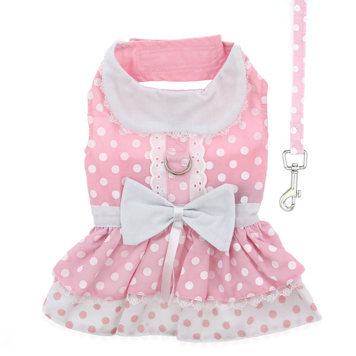 Doggie Design Pink Polka Dot And Lace Dog Harness Dress Set L