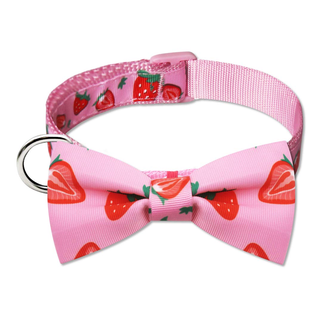 Azuza Dog Collar Bow Tie, Lovely Pink Strawberry Dog Collars With Bowtie For Extra Small Dogs