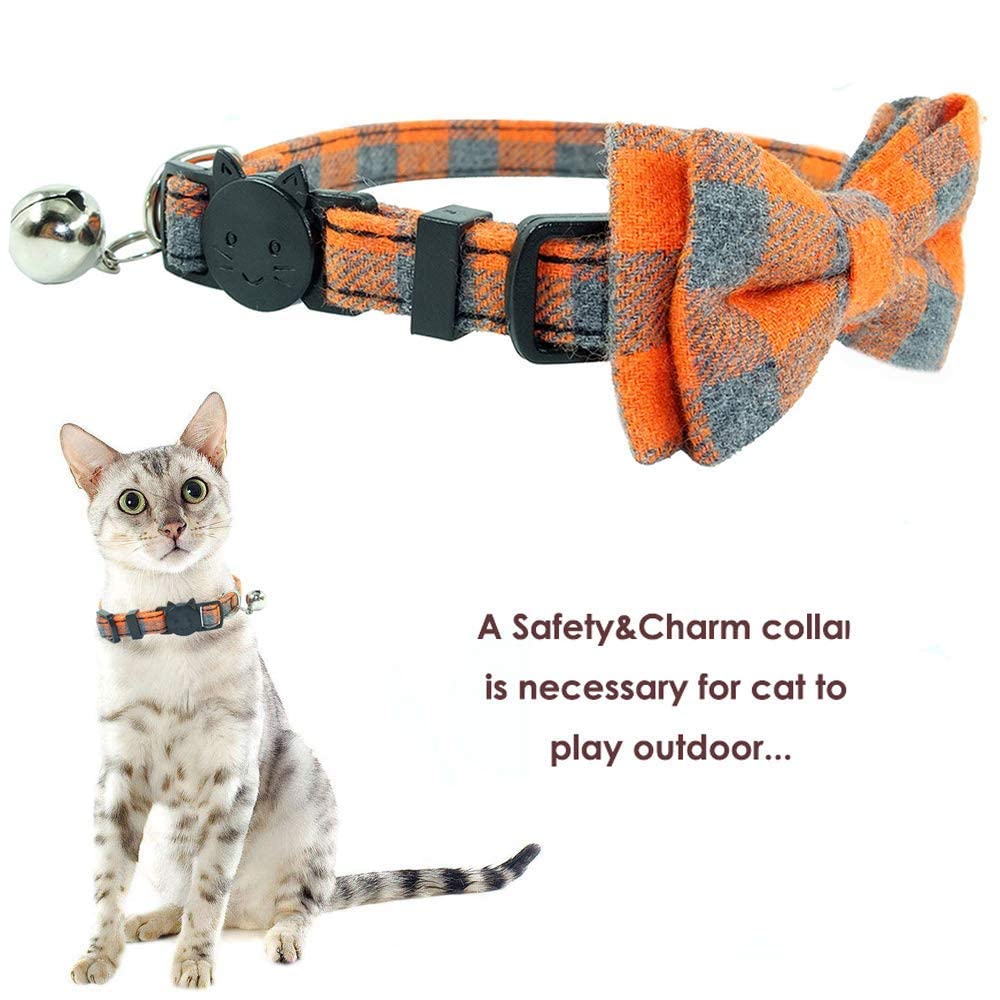 Cat Collars Breakaway With Bell And Bow Tie, Plaid Design Adjustable Safety Kitty Kitten Collar(6.8-10.8In) (Orange Plaid)