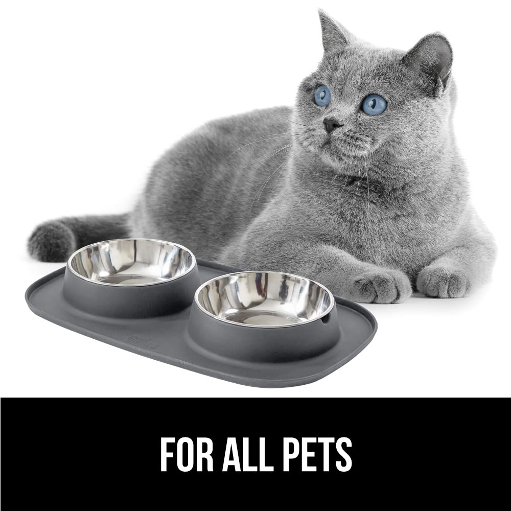 Gorilla Grip 100% Waterproof BPA Free Cat and Dog Bowls Silicone Feeding Mat Set, Stainless Steel Bowl Slip Resistant Raised Edg