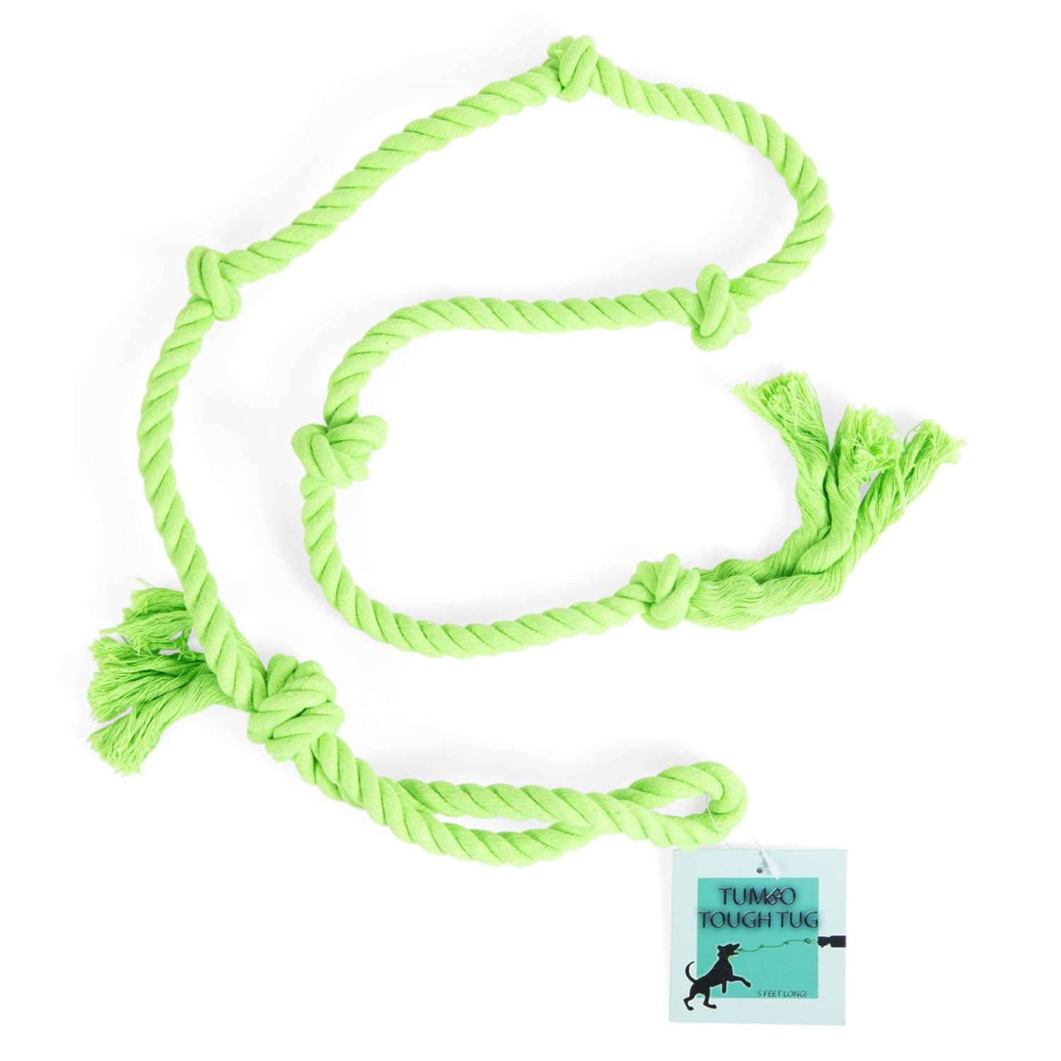 Tumbo Tough Tug Rope Dog Toy - (Green 5 ft Long Strong and Durable Rope Pull Toy with Handle) TUG of WAR Dog Toy