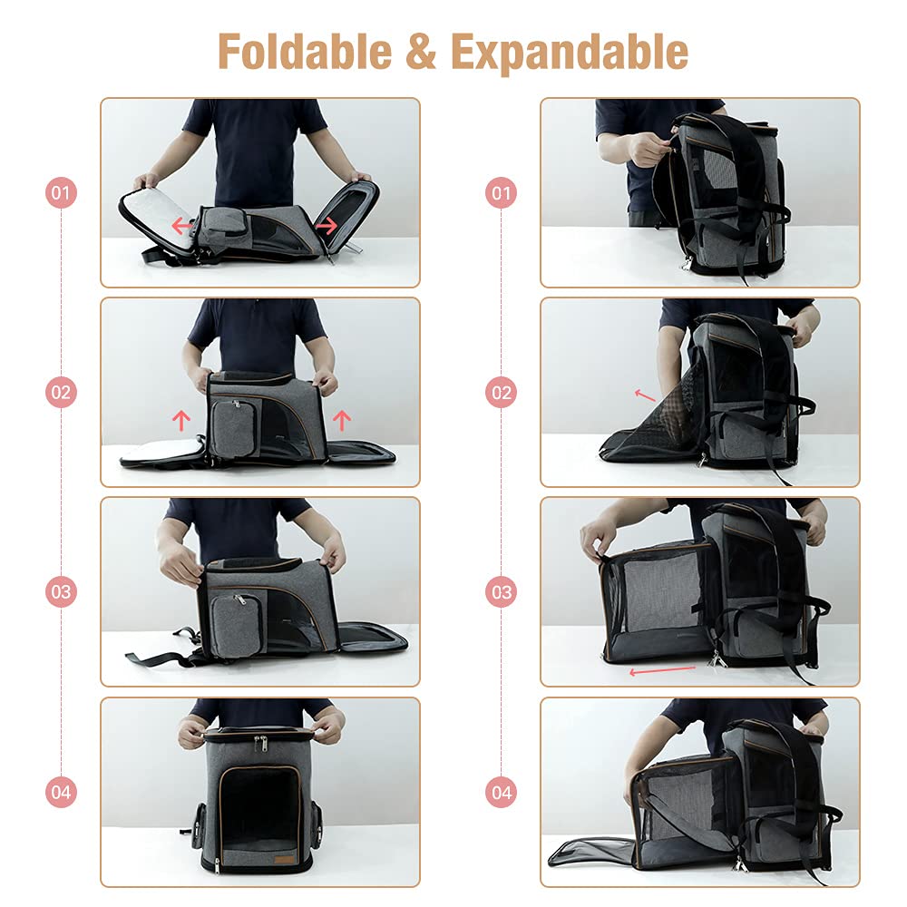 Lekereise Pet Carrier Backpack Expandable Cat Backpack For Medium Dogs And Large Cats 20-25 Lbs, Grey
