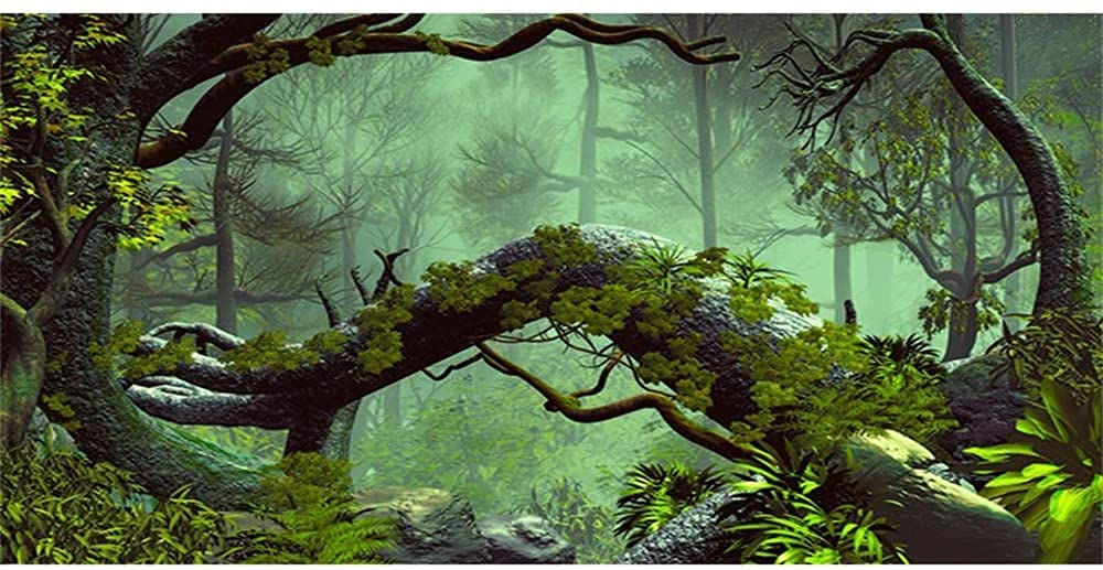 Awert 48X20 Inches Foggy Forest Terrarium Background Stone Green Tree Tropical Reptile Habitat Background Rainforest Aquarium Background Durable Polyester Background