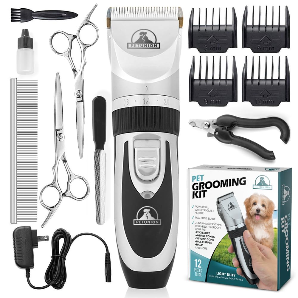 Pet Union Professional Dog Grooming Kit - Cordless Low Noise Dog Clippers For Grooming Thick Coats - All Pet Safe Cat Hair Trimmer - Pet Grooming Kit Includes Dog Hair Clippers, Nail Trimmer & Shears