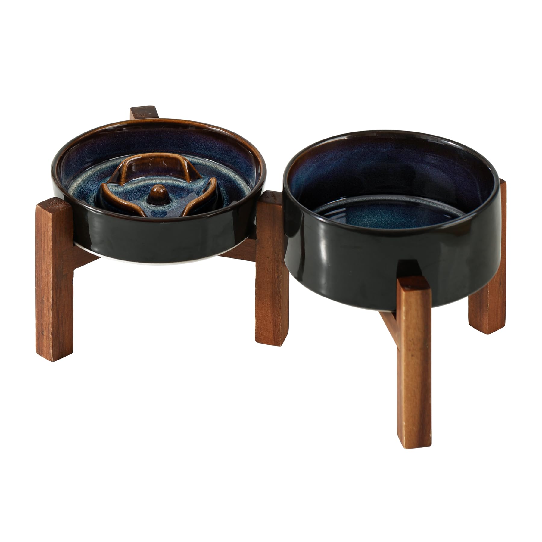 Havniva Ceramic 0.9 Cup Raised Slow Feeder Dog Bowl Set, Elevated 6.1inch Water Bowl and 6.1inch Slow Dish with Acacia Wood Stan