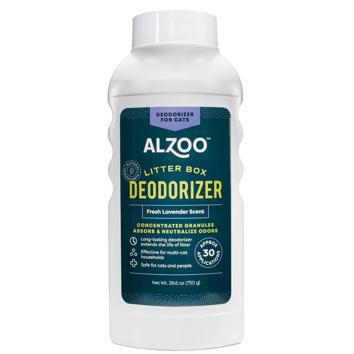 Alzoo Cat Litter Deodorizer, Concentrated Granules Absorb & Help Neutralize Odors, Mineral-Based Active Ingredients, Up To 30 Uses, Fresh Lavender Scent, 26.6 Oz.