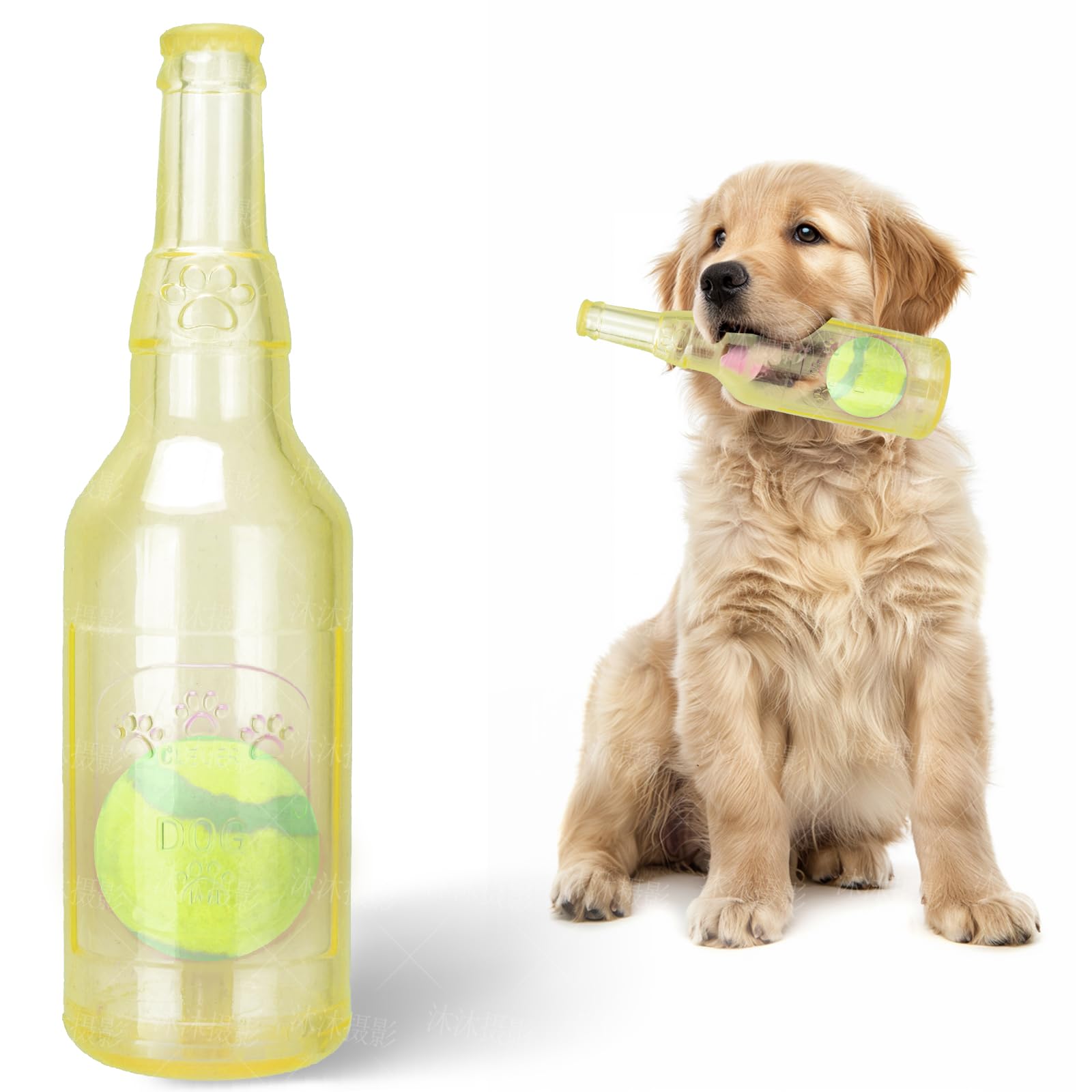 Generic QTLJJBY Interactive Squeaky Dog Toy - Large Yellow Soft Rubber Beer Bottle with Tennis Ball Inside