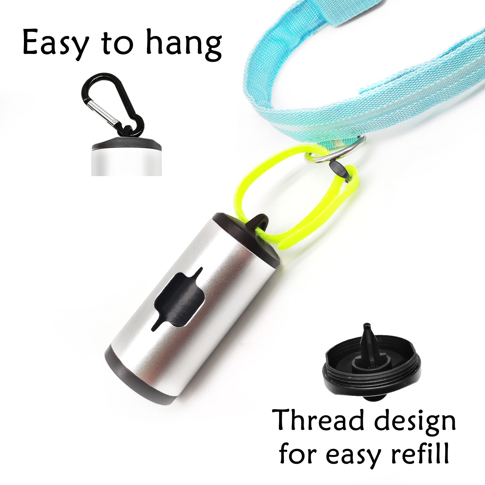 Yuchiya Aluminum Dog Poop Bags Holder With Carabiner Metal Pet Waste Bags Dispenser With Hook And Loop Fastener And Elastic Cord To Carry Used Bags(Silver, 2 Holder 30 Bags)