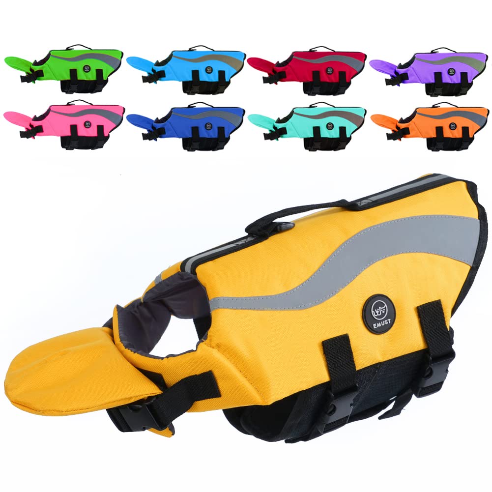 Emust Life Jacket For Large Dogs, Dog Life Vest For Small/Medium/Large Dogs With Double Rescue Handles, High Reflective Dog Life Preserver For Swimming, Yellow,L