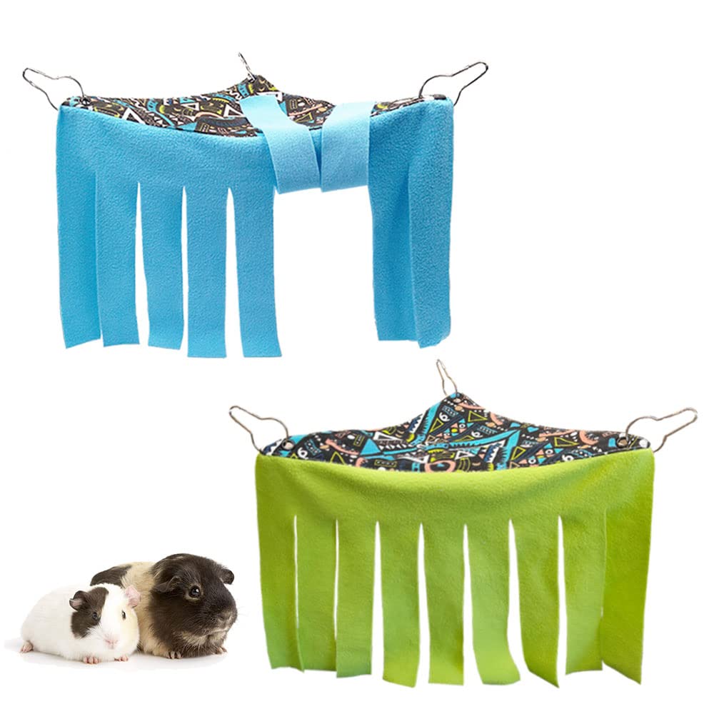 Rioussi Guinea Pig Hideout Hideaway Corner Fleece Toys Cage Accessories With Reversible Sides, Geo/Gray-Green+Blue, Pack Of 2