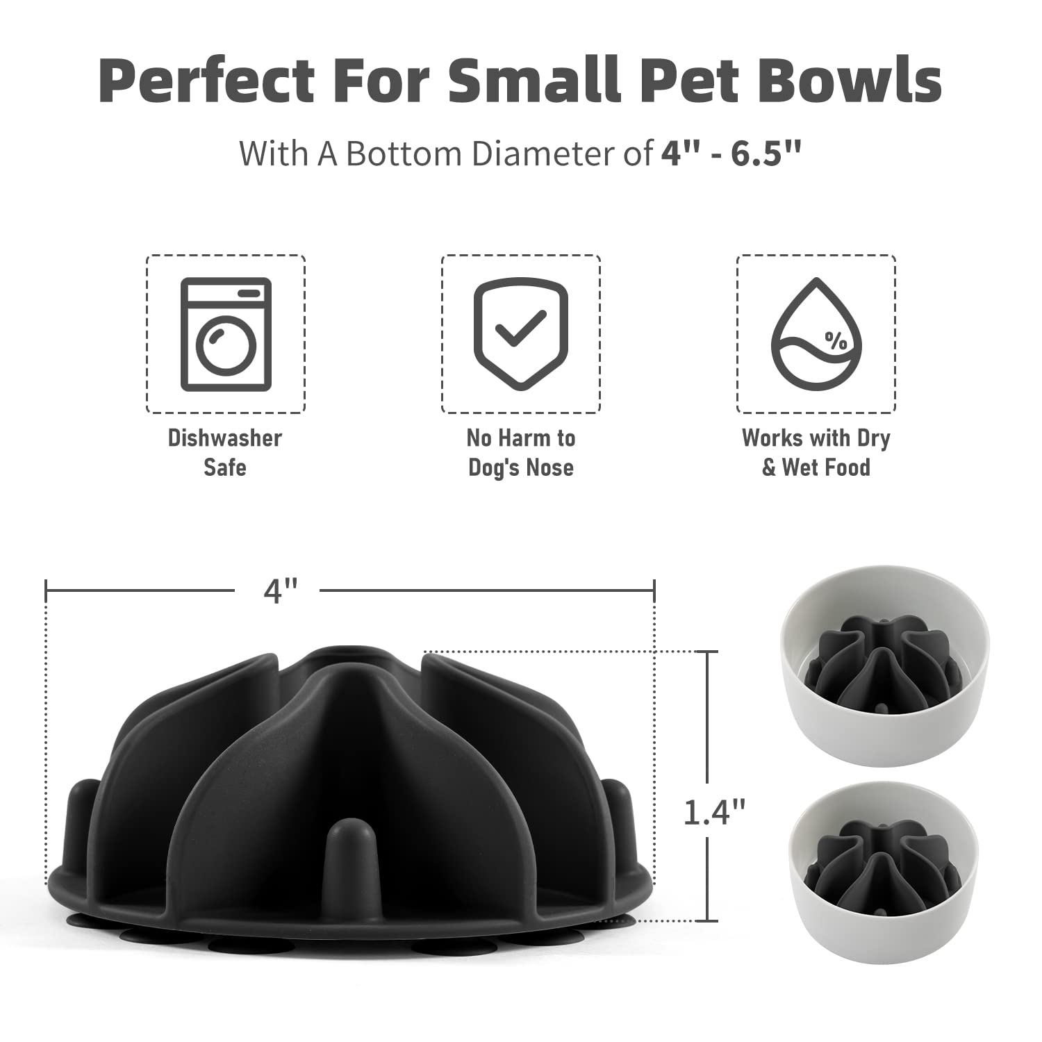 Jaoul Small Breed Slow Feeder, Puzzle Slow Feeder With 21 Octopus Suction Cups For Small Dog Bowls Insert 4'' (Black)