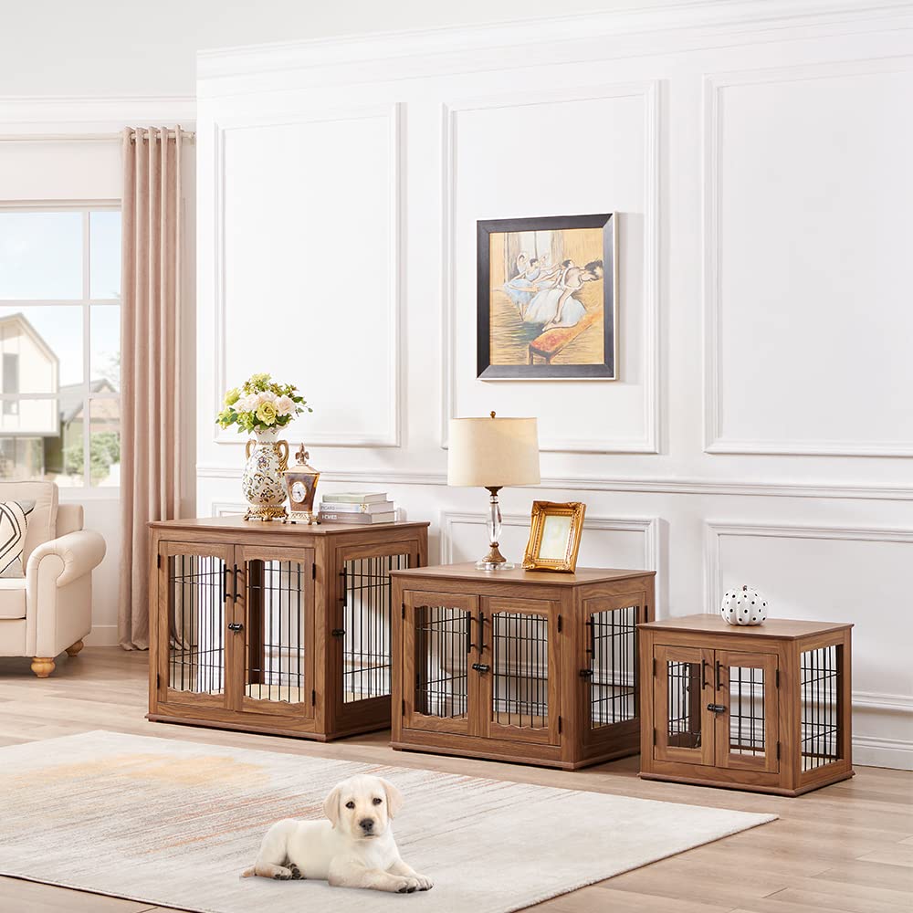Beenbkks Furniture Style Dog Crate End Table, Double Doors Wooden Wire Dog Kennel With Pet Bed, Decorative Pet Crate Dog House Indoor Medium Large