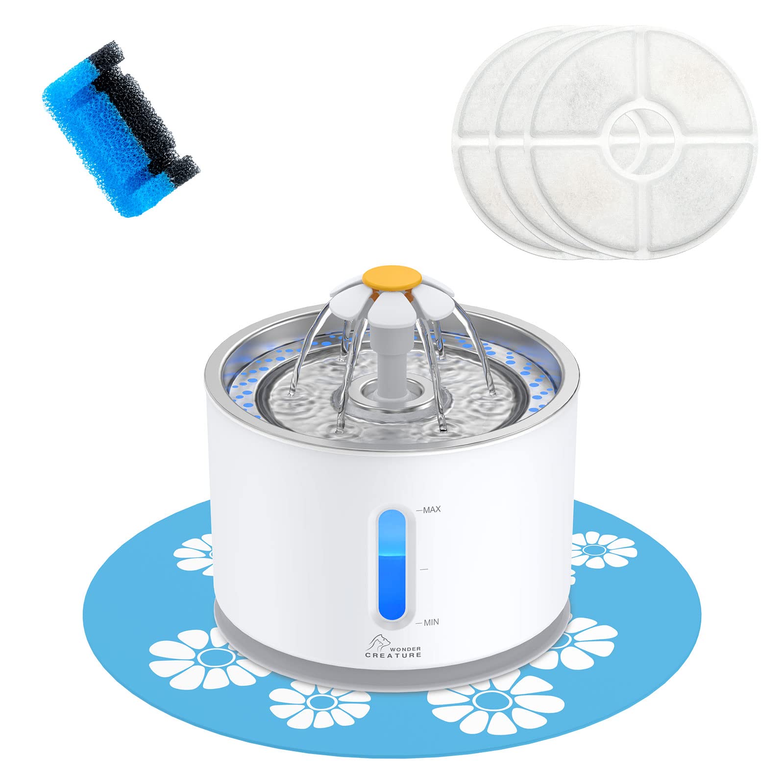 Wonder Creature Cat Water Fountain Stainless Steel, 81oz/2.4L Cat Fountain with Water Level Window and LED Light for Water Short