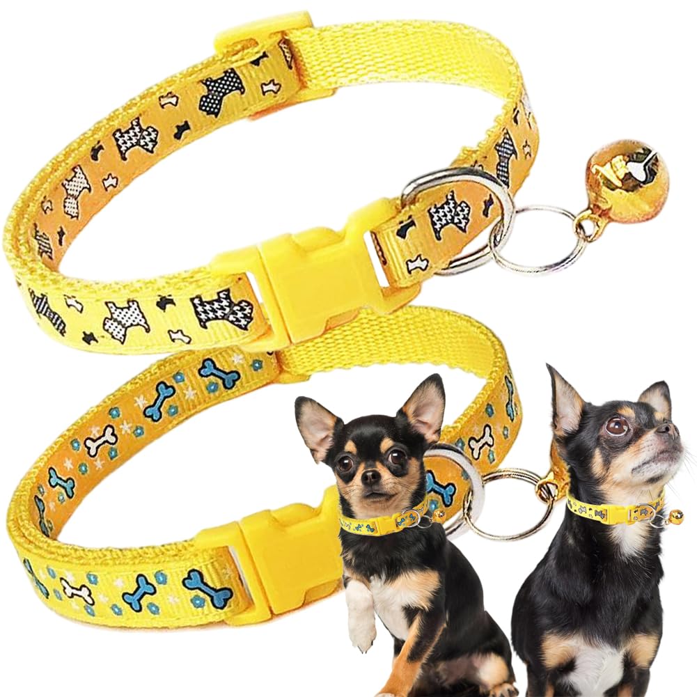 Yellow Dog Bell Collar, 2 Pack Puppy Collar With Bell, Nylon Cute Male Cat Collars Adjustable For Xxs Xs Little Small Boys Kitte