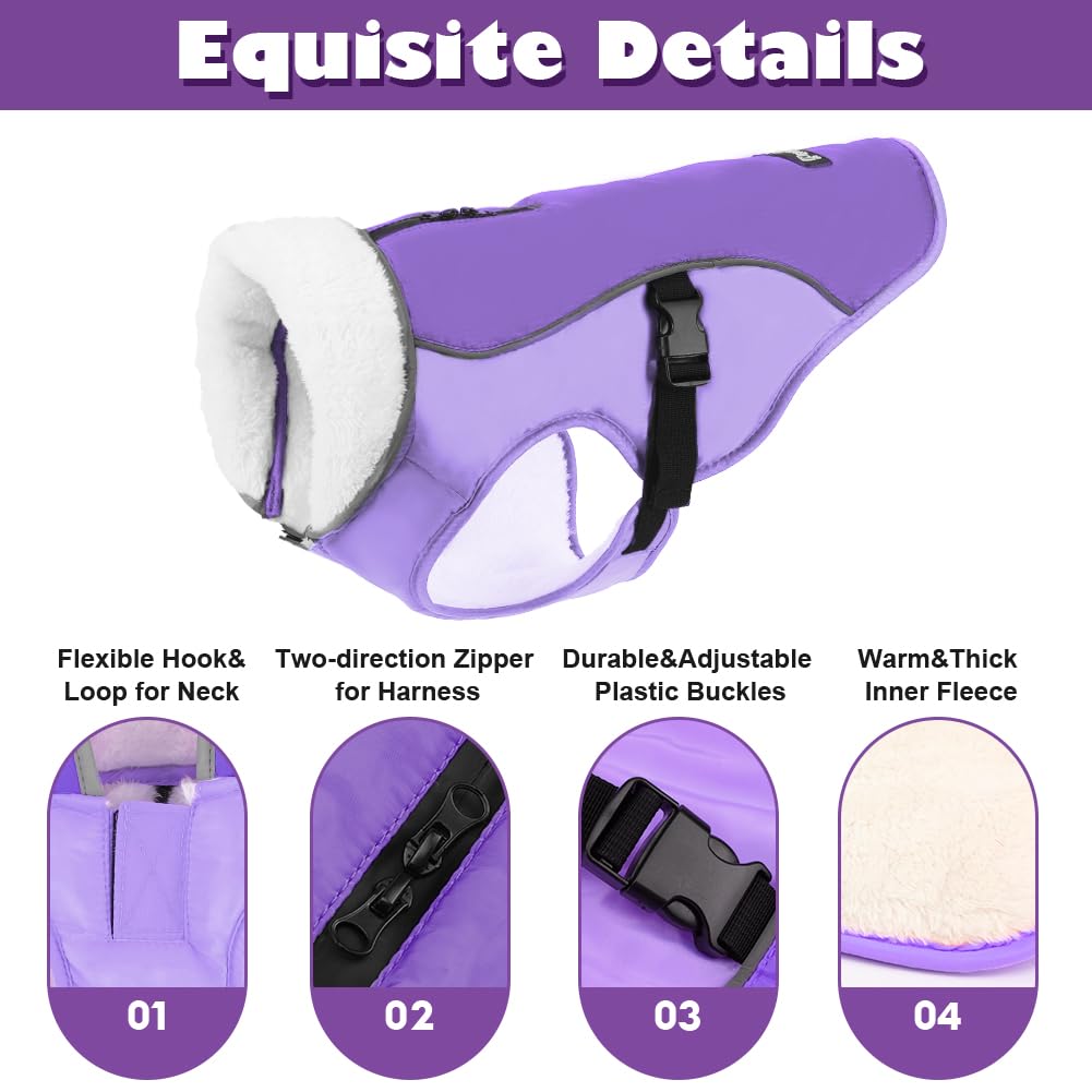EMUST Winter Dog Jacket, Windproof Dog Apparel for Cold Weather, Reflective Coats for Dogs, Warm Puppy Jacket, New Purple, S