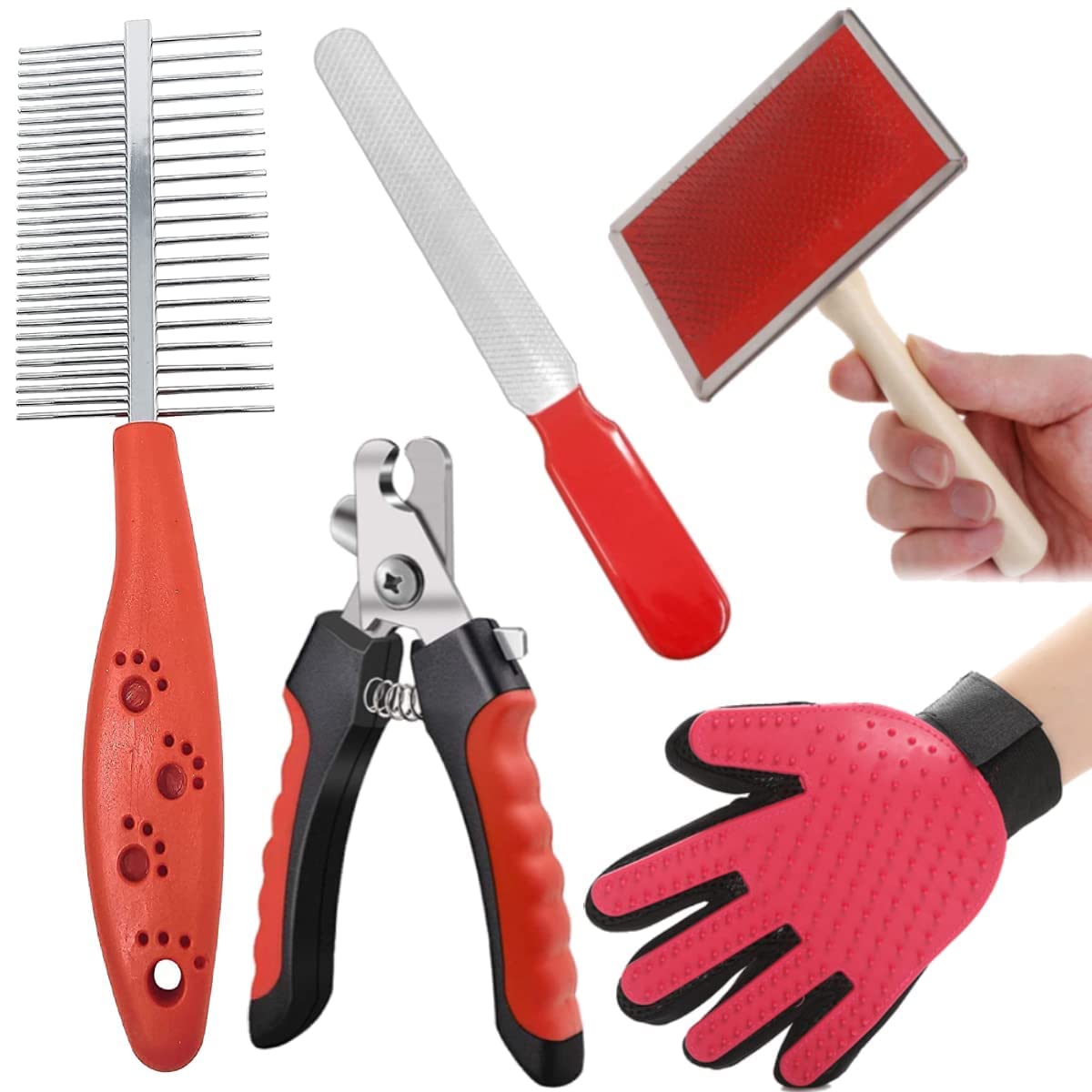 Woofy Cmbo Of 5 in 1 Dog Grooming Kit Bath Glove + Double Side Comb + Nail Cutter + Nail Filler + Pet Wood Handle Slicker Brush 