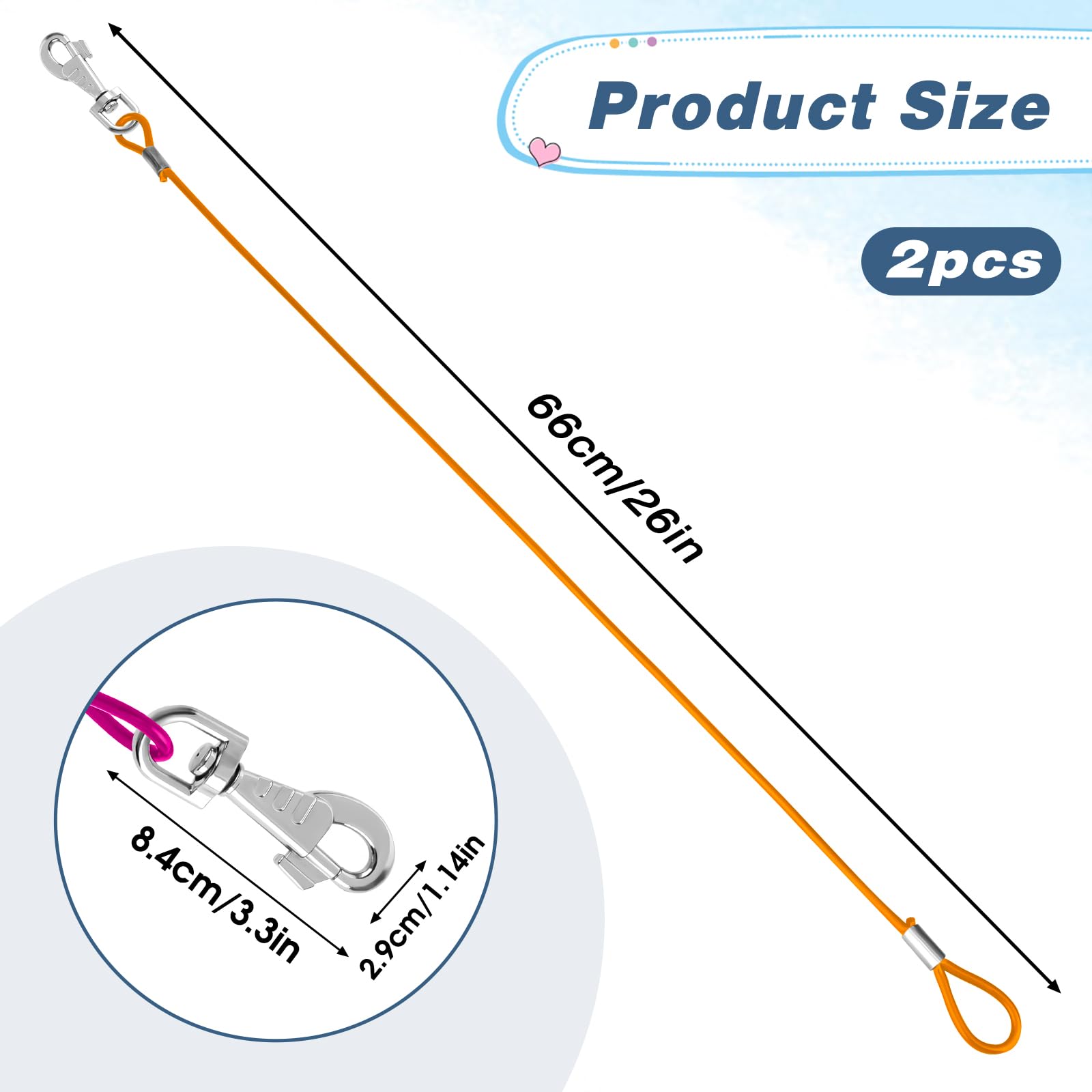 2 Pack Chew Proof Dog Leash Extension Metal Cable Lead, Non-Tangle Connect Leash For Any Leash & Collar & Harness, Heavy Duty Bl