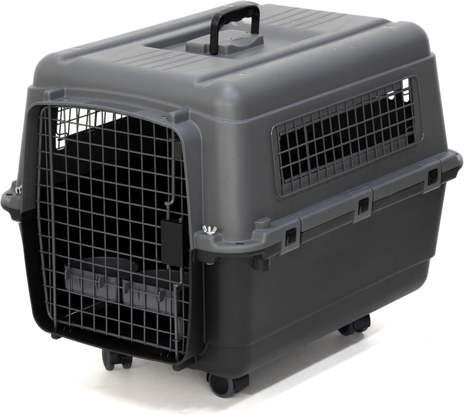 SportPet Airline Compliant Medium Travel Dog Kennel - Durable Plastic Airline Pet Carrier w/Removable Wheels & Food Bowls, Colla