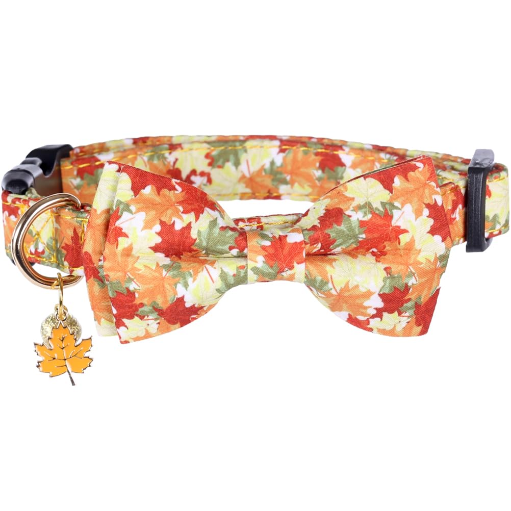 Thanksgiving Day Dog Collar Fall With Bowtie And Bell Autumn Holiday Adjustable Pet Collars For Dogs (Maple Leaf,Medium)