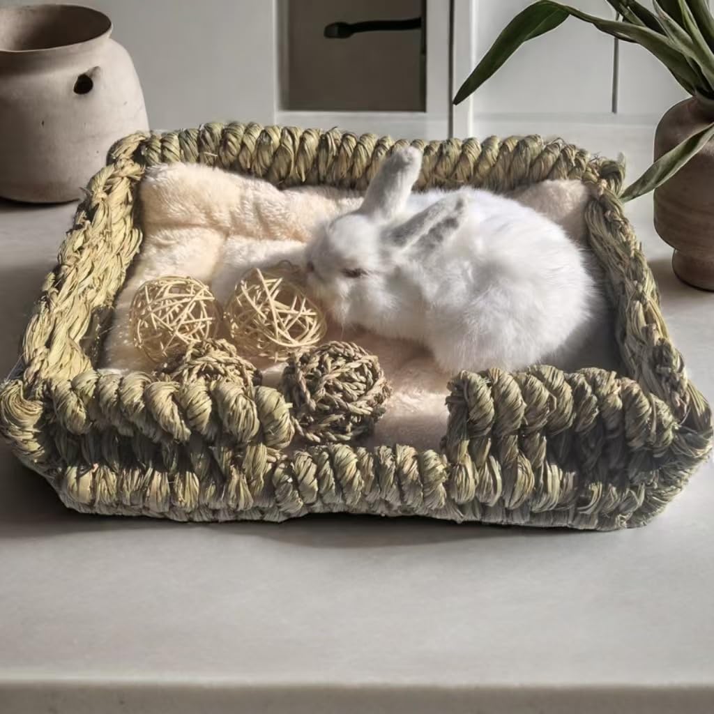 Kitkni Natural Seaweed Pet Bed With Plush Cushion, 4 Woven Balls, Handmade Tetragonal Pet Basket, Cozy Indoor Den For Rabbits, C