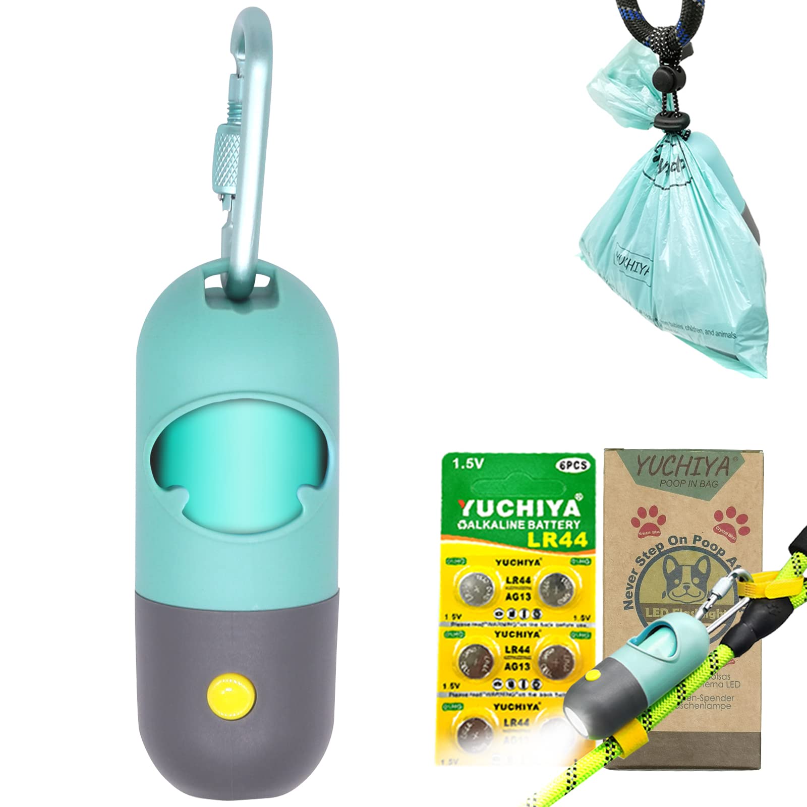 Dog Poop Bags Holder With Led Flashlight|Pet Waste Bags Dispenser For Leash|Doggie Potty Bags Container With Leak-Proof Pet Trash Bags And Accessories (1 Holder 15 Bags, Crystal Blue)