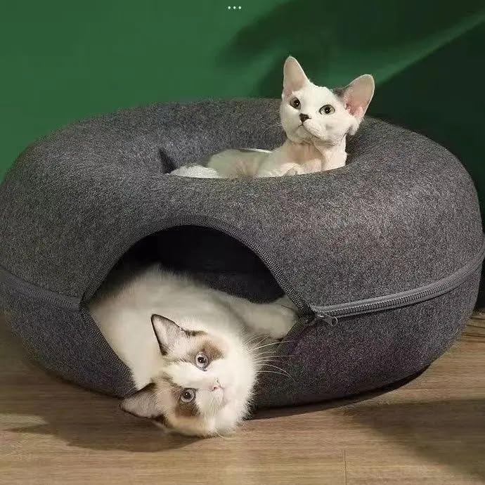 Cat Cave Donut For Large Cats And Small Dogs Up To 30 Lbs | Pet Cat House Tunnel Bed | Washable & Scratch-Resistant Pet Bed | Ve